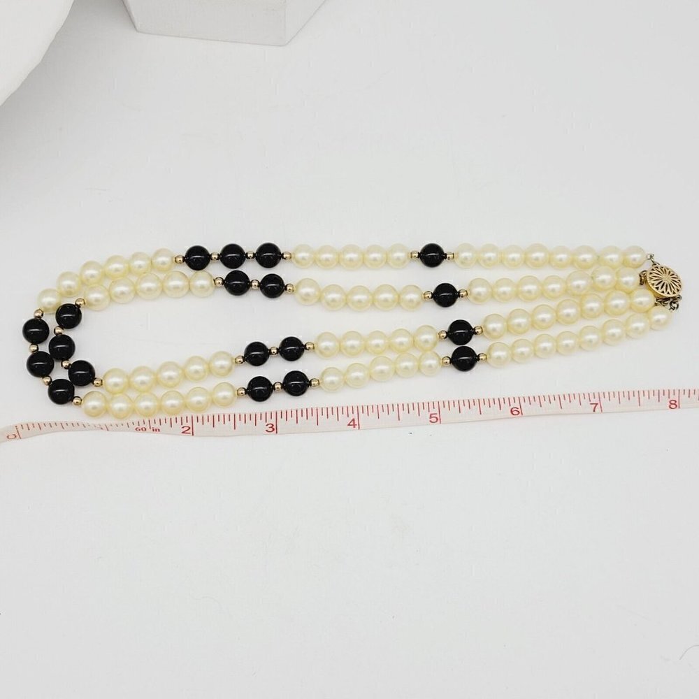 Vtg Glass Faux Pearl Black Beaded Necklace 14/20 Gold Filled Clasp Double Strand - Picture 7 of 9